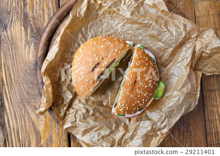 Classic american burgers, fast food on wood Classic american burgers, fast food on wood 29211401