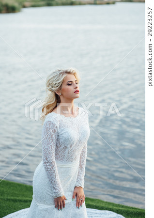 Beautiful young bride in luxury wedding dress 29223257