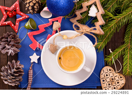 Coffee cup and Christmas decorations top view Coffee cup and Christmas decorations top view 29224891