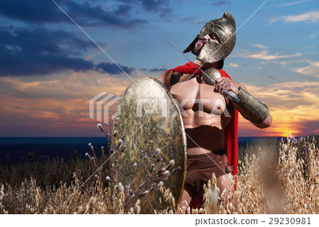 Warrior holding weapon near neck. Warrior holding weapon near neck. 29230981