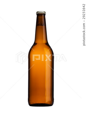 Brown glass beer bottle with yellow cap isolated Brown glass beer bottle with yellow cap isolated 29231642
