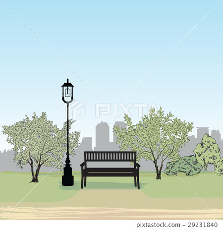 Bench city park Spring landscape City tree skyline Bench city park Spring landscape City tree skyline 29231840