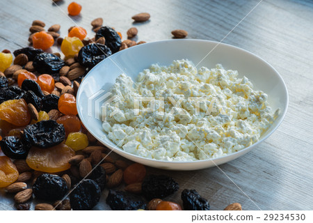 Cottage Cheese In White Dish Prunes Dried Stock Photo