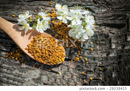 Bee pollen in a wooden spoon and flowers of spring Bee pollen in a wooden spoon and flowers of spring 29238415