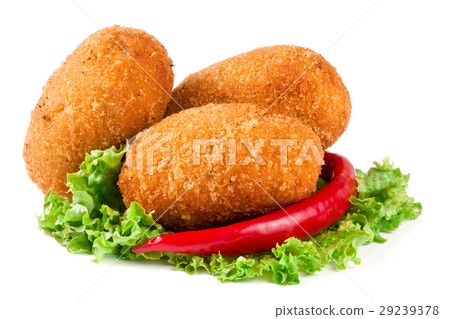 three fried breaded cutlet with lettuce and pepper three fried breaded cutlet with lettuce and pepper 29239378