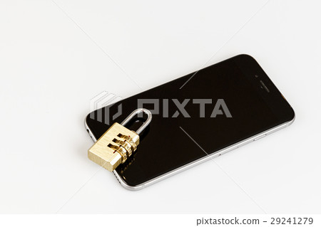 cell phone security - lock and phone on white 29241279