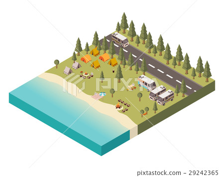 Campsite With Road Isometric Illustration 29242365