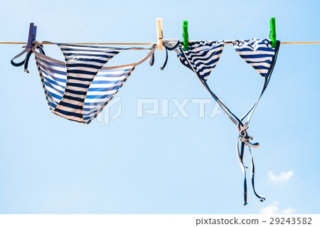 Striped female swim suit is dried on clothesline 29243582