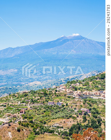 villages on green hills and Etna volcano in Sicily 29243783