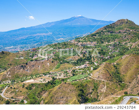 view of green hills with villages and Etna 29243784