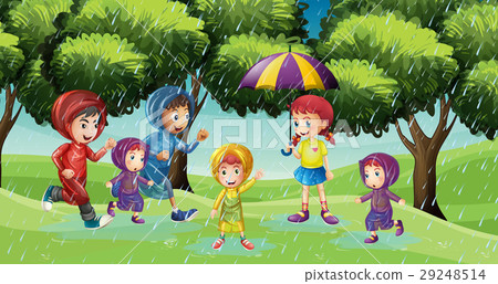 Park scene with children running in the rain 29248514