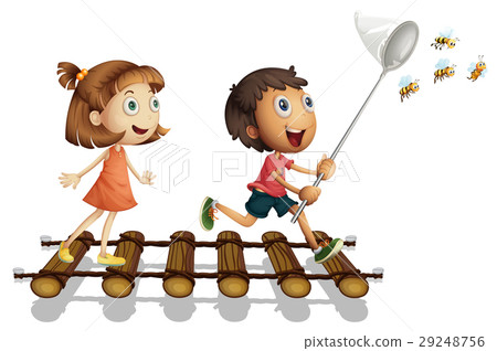 Two kids catching bee with net 29248756