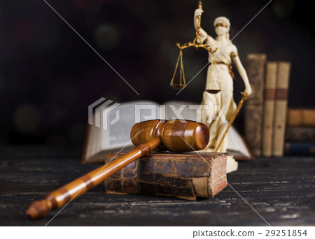 Mallet of the judge, justice scale, wooden desk Mallet of the judge, justice scale, wooden desk 29251854