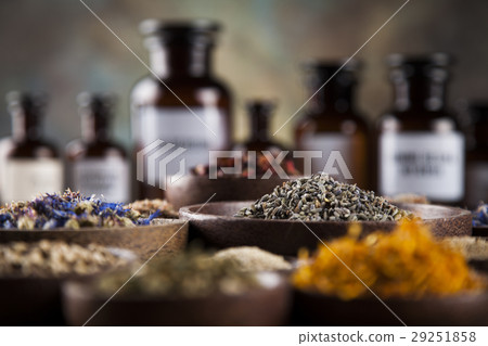 Herbal medicine on wooden desk background Herbal medicine on wooden desk background 29251858