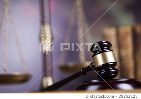 Mallet of the judge, justice scale, wooden desk Mallet of the judge, justice scale, wooden desk 29252125