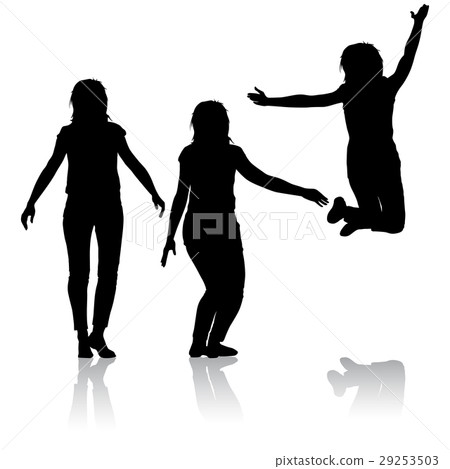 Silhouette of three young girls jumping Silhouette of three young girls jumping 29253503