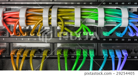 Server rack with rainbow internet patch cord cable 29254405