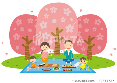 Cute family with cherry-blossom young daughter and son with picnic 29254787