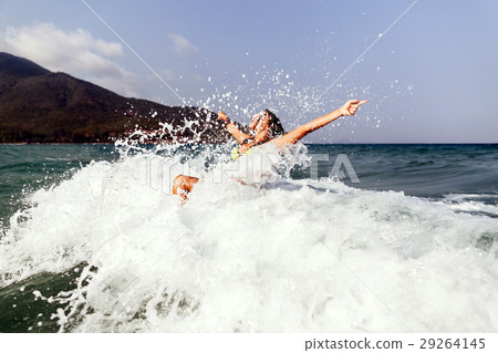 sexy bikini girl happy jump sea waves splash sexy bikini girl happy jump sea waves splash 29264145