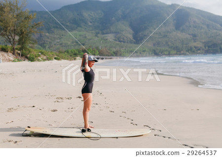 tatoo woman with surfing board doing fitness tatoo woman with surfing board doing fitness 29264537