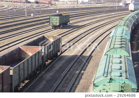industrial view with lot of freight railway trains industrial view with lot of freight railway trains 29264686