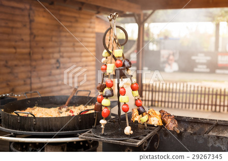 Grilled vegetables on metal skewers. Street food Grilled vegetables on metal skewers. Street food 29267345