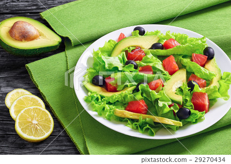 salad of lettuce, avocado, chunks of salmon salad of lettuce, avocado, chunks of salmon 29270434