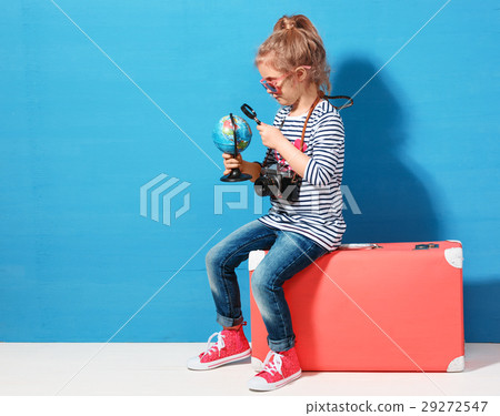 Child blonde girl with pink vintage suitcase study 29272547