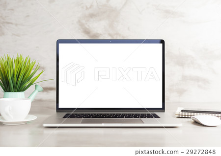 laptop white blank screen on work table front view 29272848