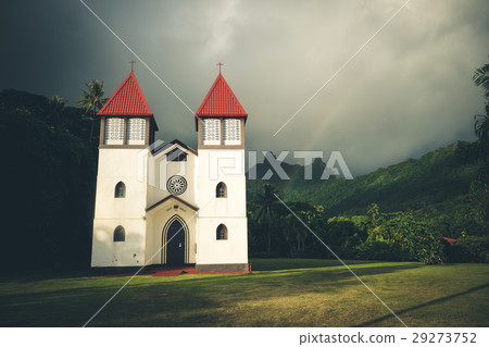 Rainbow on Haapiti church in Moorea island Rainbow on Haapiti church in Moorea island 29273752