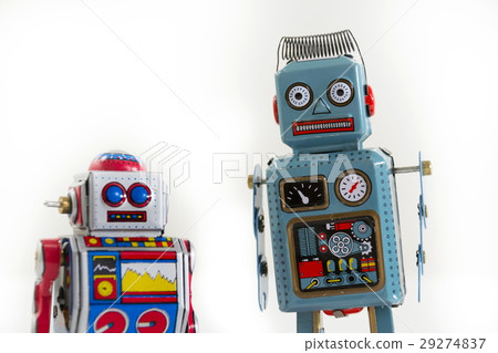 Vintage tin toy robots isolated white background Vintage tin toy robots isolated white background 29274837