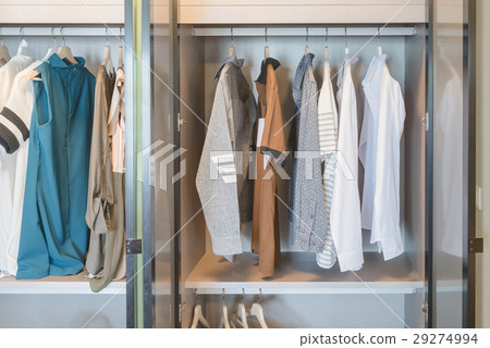 clothes hanging on rail in modern wardrobe 29274994