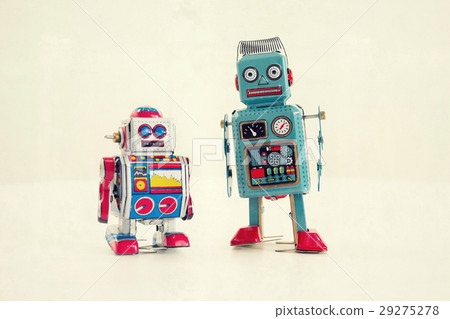 Filtered vintage tin toy robots, white background Filtered vintage tin toy robots, white background 29275278