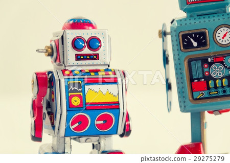 Filtered vintage tin toy robots, white background Filtered vintage tin toy robots, white background 29275279