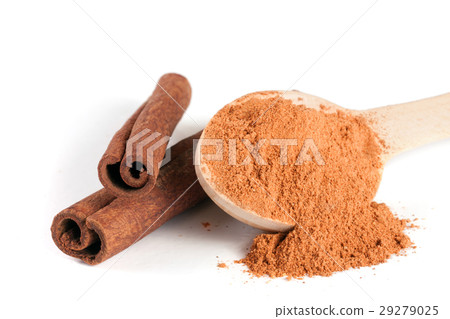 two cinnamon sticks and powder with spoon isolated two cinnamon sticks and powder with spoon isolated 29279025