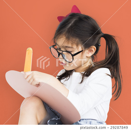 Little Girl Wear Glasses Hands Hold Pencil Little Girl Wear Glasses Hands Hold Pencil 29287849