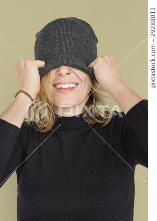Caucasian Lady Beanie Covering Eyes Smiling 29288011