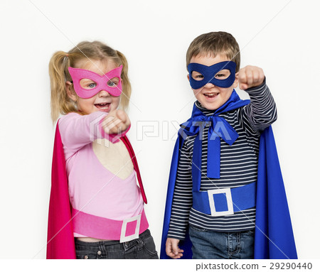 Little Kids Dressing Superhero Hand Gesture Happy 29290440