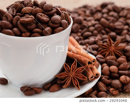 Grains of black coffee in a white cup.Cinnamonanis 29291048