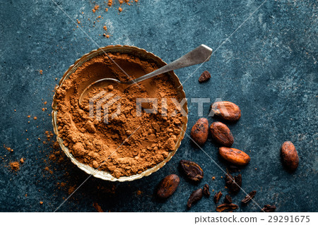 Cocoa powder and cacao beans on dark background 29291675
