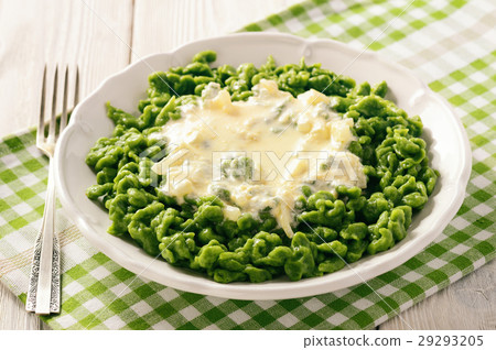 German dumplings (spaetzle) with spinach,cheese. German dumplings (spaetzle) with spinach,cheese. 29293205