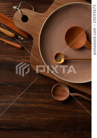 Composition of kitchen devices on wooden table Composition of kitchen devices on wooden table 29293673