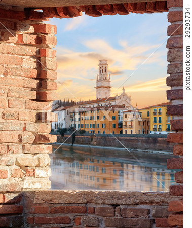 Old Verona town, view through brickwall window 29293734