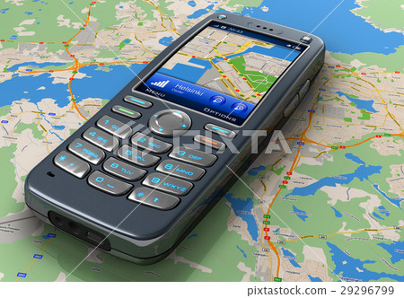 Mobile phone with GPS navigation on map 29296799