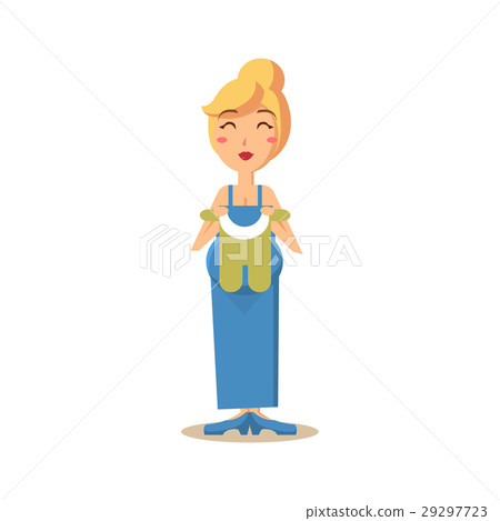 Happy Pregnant Woman Holding Child Clothes. Vector 29297723