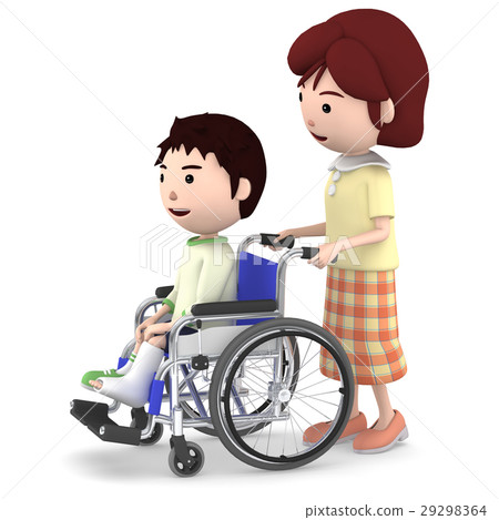 A sister sitting in a wheelchair with a Gibbs boy and a mother serving 29298364