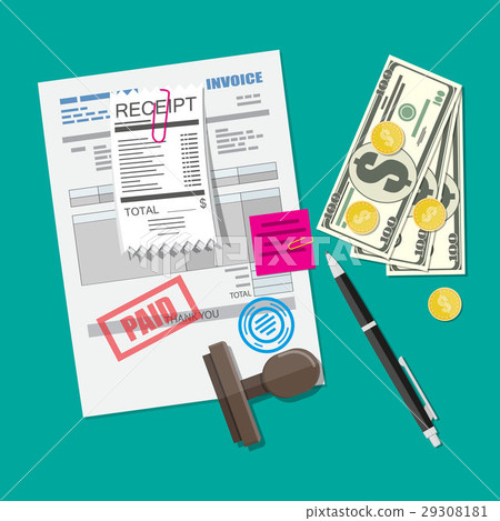 Paper invoice form. Pinned receipt bill. Pen Paper invoice form. Pinned receipt bill. Pen 29308181