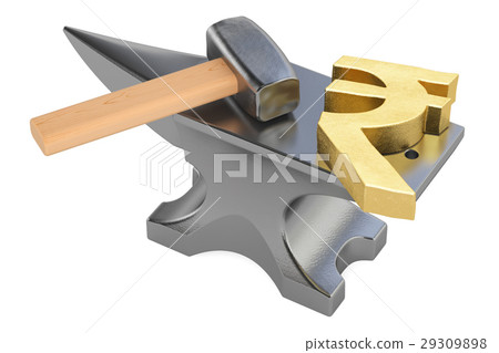 anvil with gold rupee symbol, 3D rendering 29309898