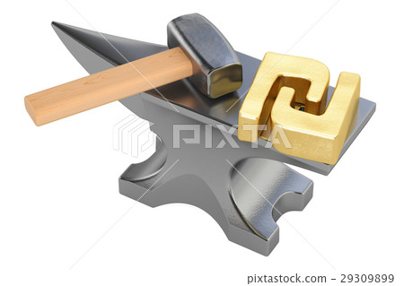 anvil with gold shekel symbol, 3D rendering 29309899