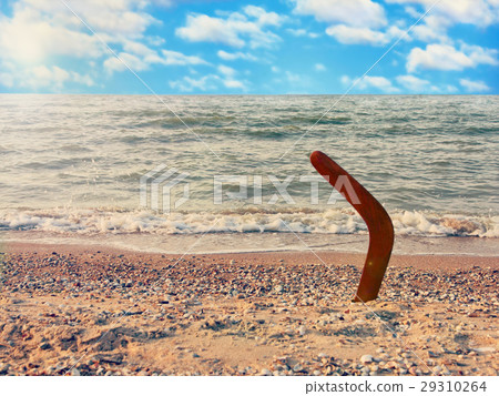 Boomerang on sandy coastline against sea wave 29310264